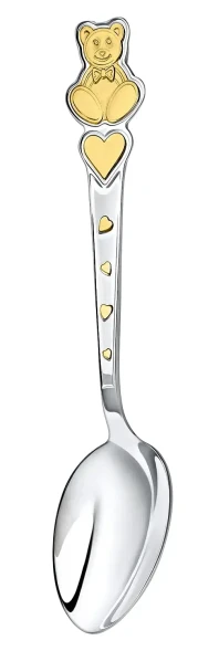419НБ05802 Набор детских серебряных столовых приборов «Мишка с сердечками» с золочением