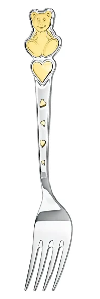 419НБ05802 Набор детских серебряных столовых приборов «Мишка с сердечками» с золочением