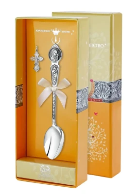 Серебряный крестильный набор с ложкой «Казанская Божья Матерь» с чернением