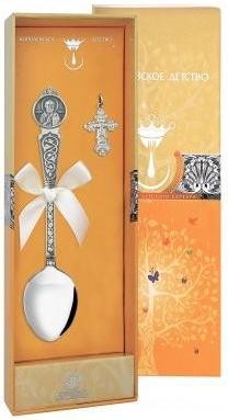 Серебряный крестильный набор с ложкой «Николай Чудотворец» с чернением в подарочном футляре