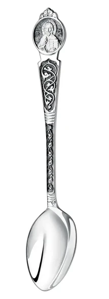 1032НБ00806 Серебряный крестильный набор с ложкой «Николай Чудотворец» с чернением